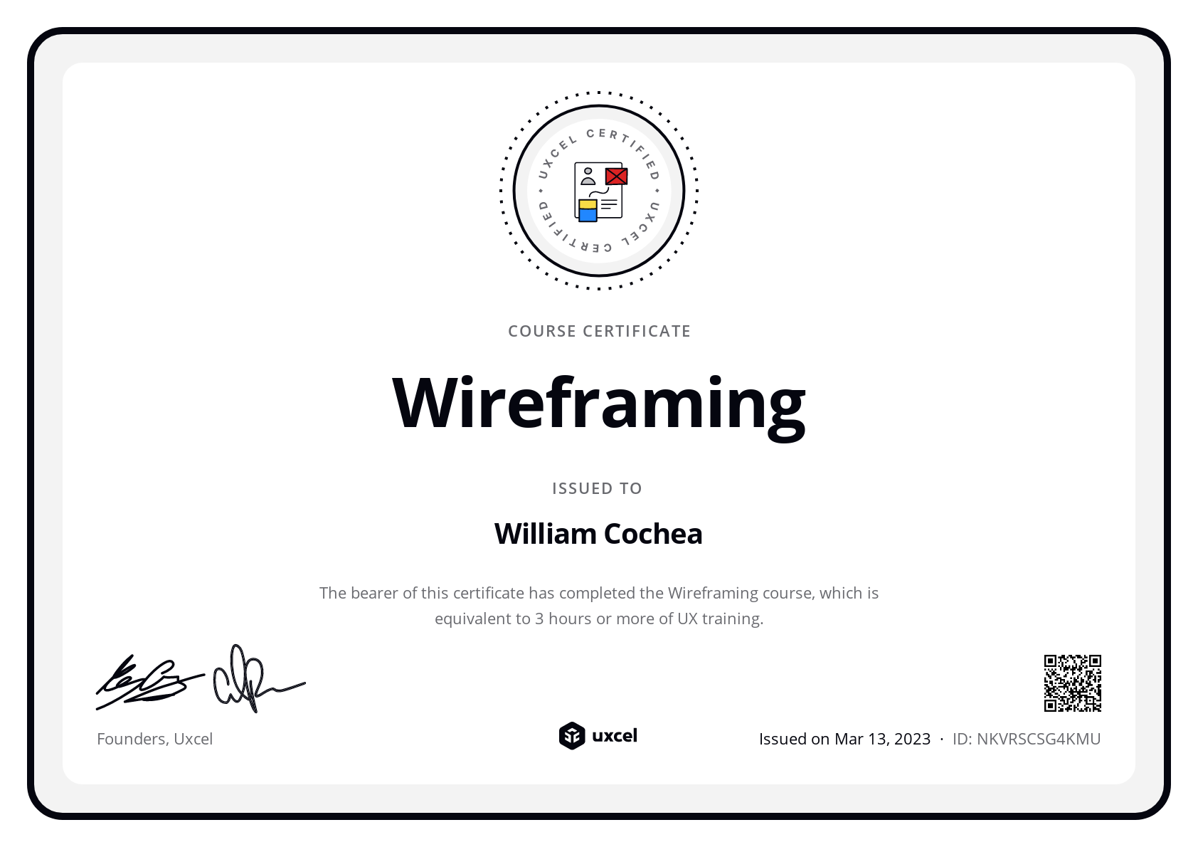 William Cochea's certificate